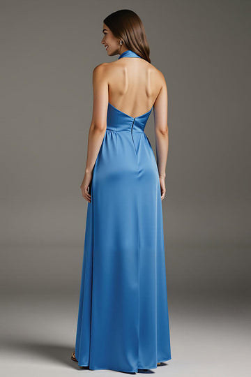 Robe longue formelle en satin bleu lac